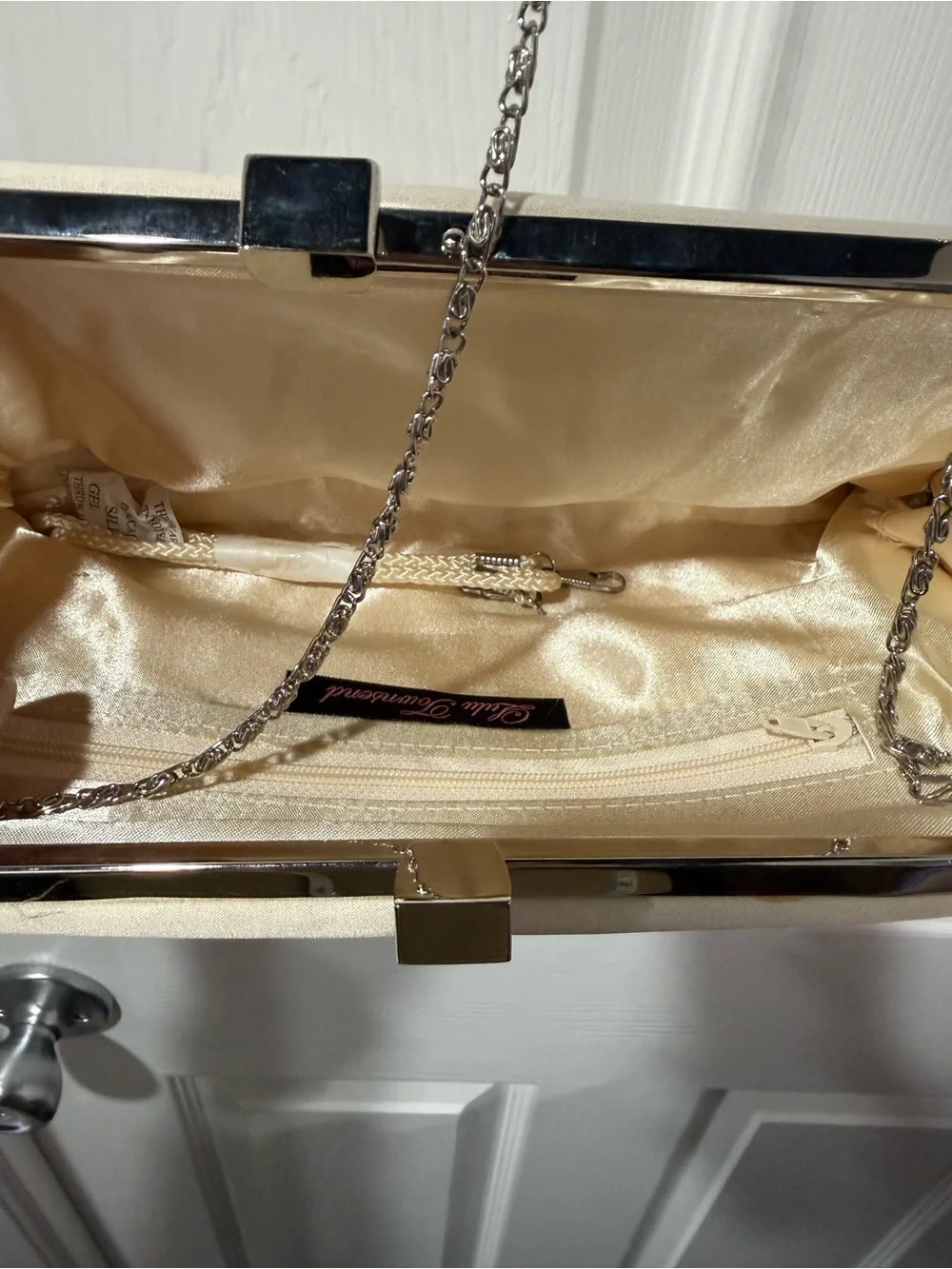 Lulu Townsend Elegant Cream Ruched Evening Clutch with Chain Strap